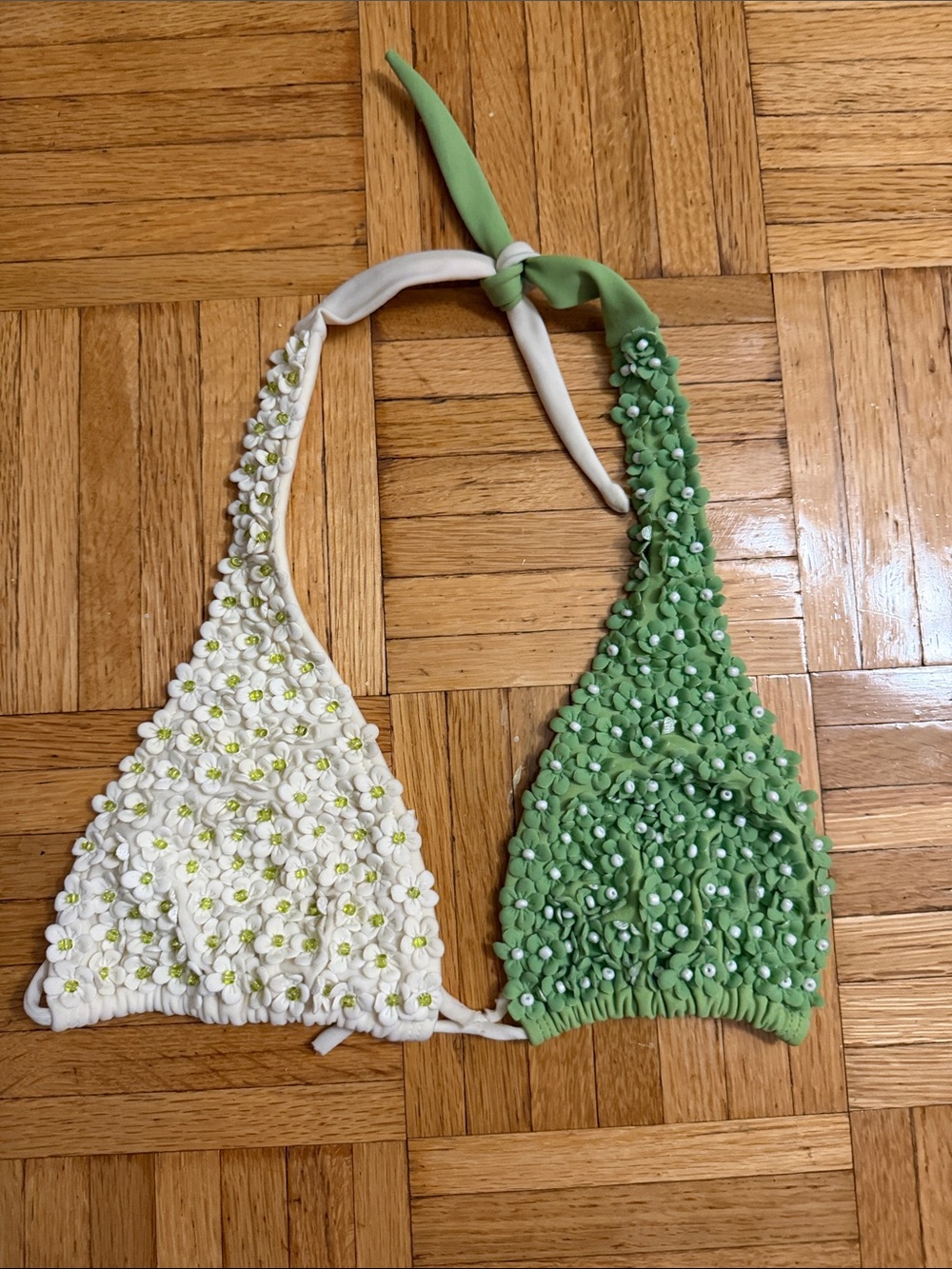 Women’s Green & White Floral Beaded Bikini Top - G